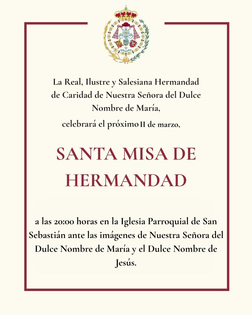 🔴 𝐂𝐔𝐋𝐓𝐎𝐒

ℹ️ Misa de Hermandad

🗓️11 de marzo

⏰20:00H

⛪️Parroquia de San Sebastián - Alcalá de Guadaíra

Rogamos a todos nuestros hermanos su asistencia.

#Charitas #DulceNombre