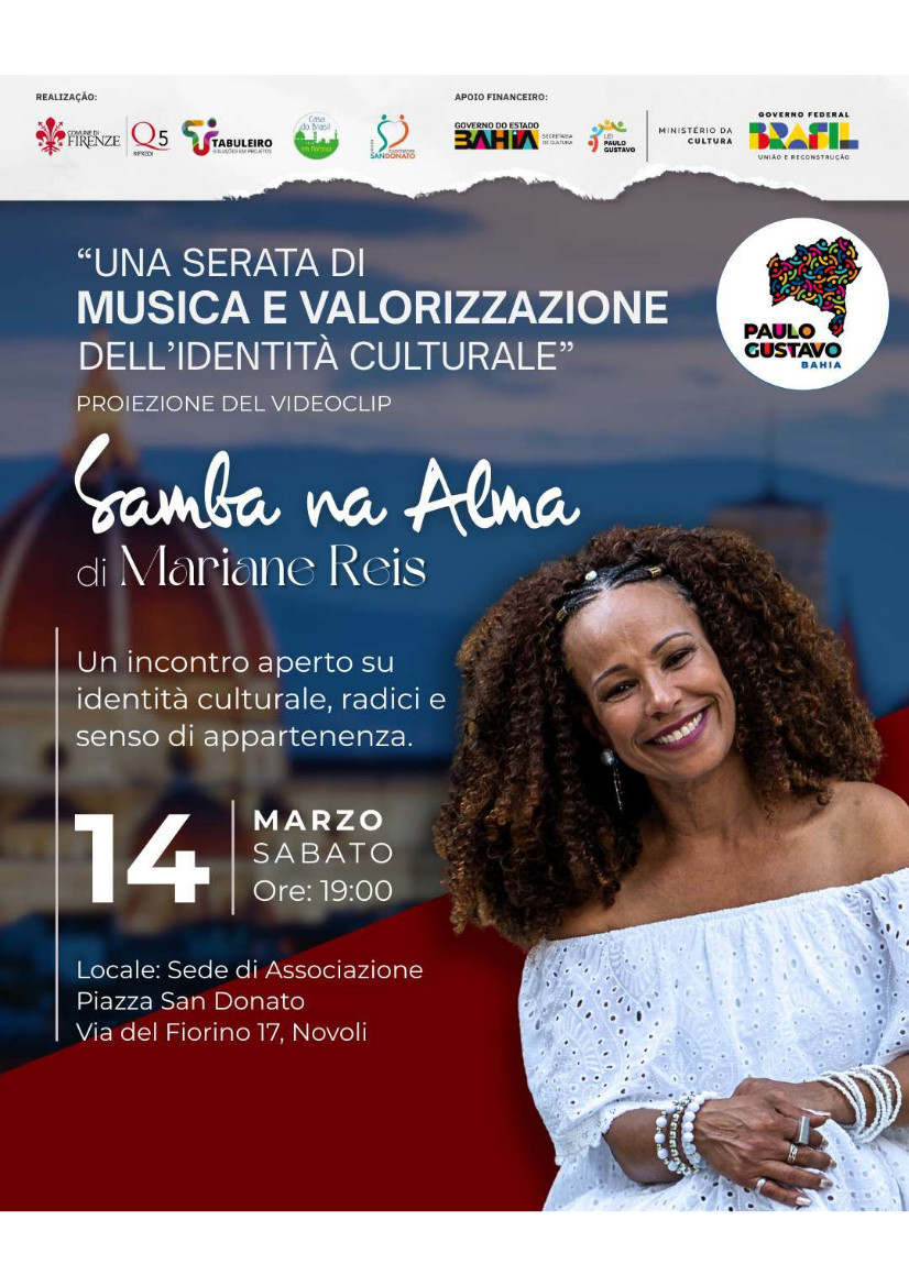 comunefi's tweet photo. Samba na Alma Firenze: Evento Cultura Brasiliana Quartiere 5
Sabato 14 marzo (ore 19) in via del Fiorino 17, proiezione del videoclip "Samba na Alma" di Mariane Reis. Un evento dedicato all'identità culturale brasiliana e all'integrazione nel Quartiere 5
#firenze #quartiere5 https://t.co/jh6f7GXbAC