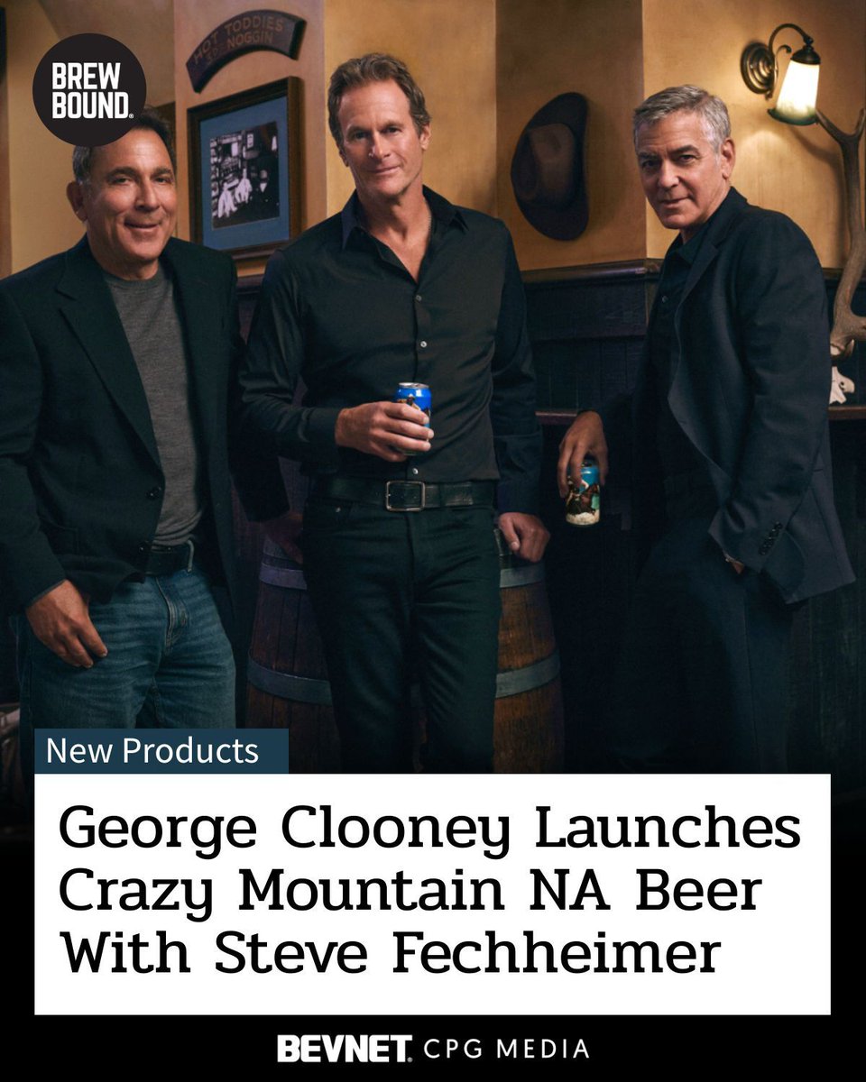 Brewbound's tweet photo. George Clooney, Rande Gerber and Mike Meldman officially enter NA beer with Crazy Mountain 🍺

Led by former New Belgium CEO Steve Fechheimer, the premium-priced lager brand launches in 25 states, targeting summer occasions over Dry January.

https://t.co/LiReqHafdb https://t.co/SrqGHbzh5W