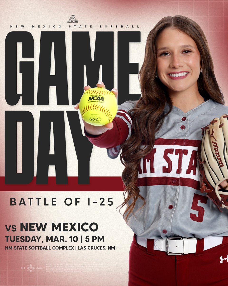 Battle of I‑25. Enough said.

🆚 New Mexico
⏰ 5 PM

📍NM State Softball Complex
📊 nmstatesports.com/stats
📺 ESPN+

#AggieUp