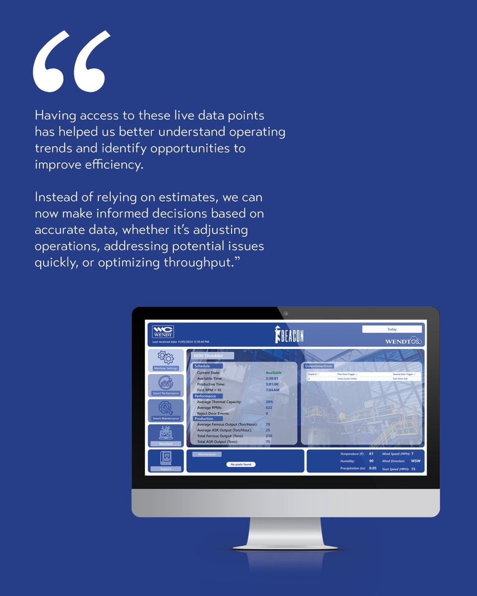 wendtcorp's tweet photo. WENDTOS: Turning Shredder Data into Actionable Insight

WENDTOS is our new digital platform designed to give shredder operators a clearer view of their operation. With real-time monitoring from any web-enabled device, operators can track key metrics, identify issues faster, and make more informed operational decisions.

Hear from Grant Bolhuis from @BeaconRecycling as he shares his experience using WENDTOS and the impact it has had on their operation.

Now available on all WENDT shredders, and soon expanding to other OEM equipment, WENDTOS represents the next step in digitally connected recycling operations.