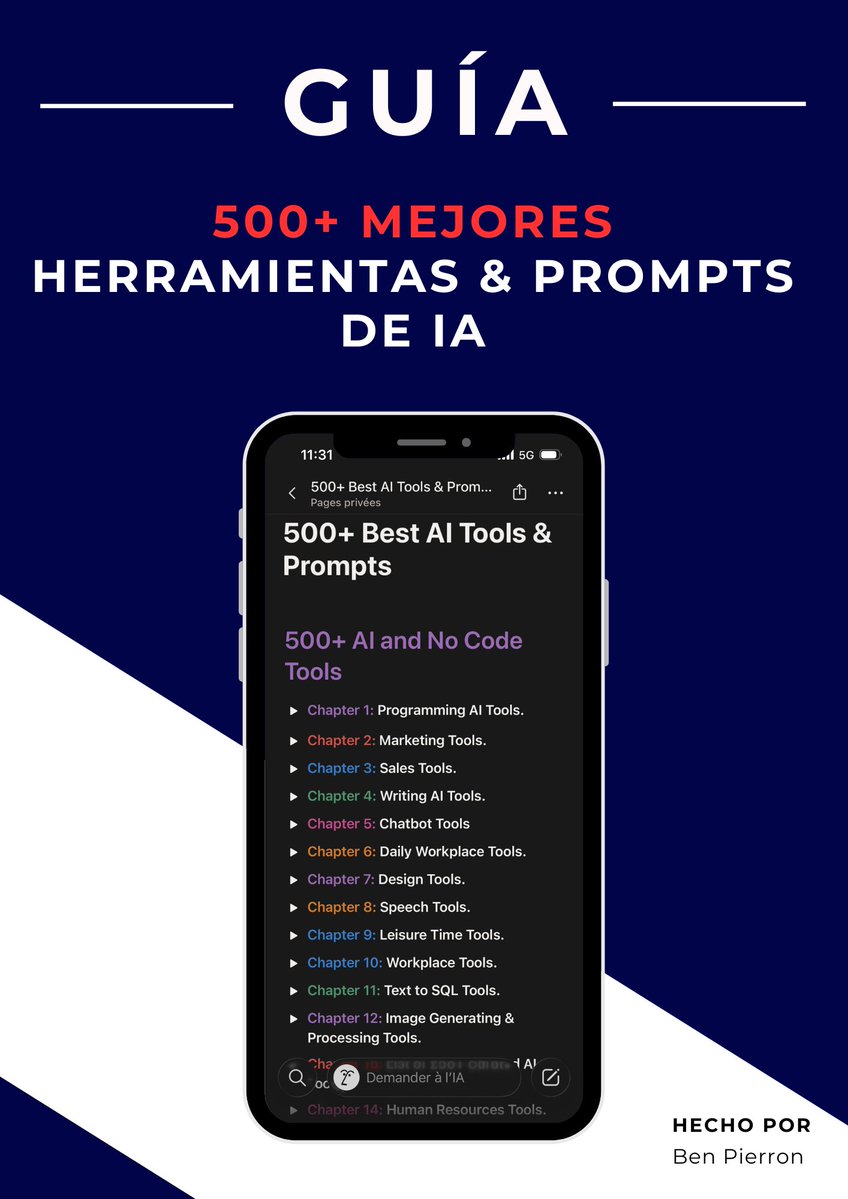 Estoy regalando mi recurso más potente sobre IA.

Tras más de 2 meses de investigación, he creado un documento que agrupa las 500 mejores herramientas &amp; Prompts de IA por categorías.

Y durante 24 horas, es 100% GRATIS!

1. RT
2. Comenta "500"
(Debes seguirme y recibe el