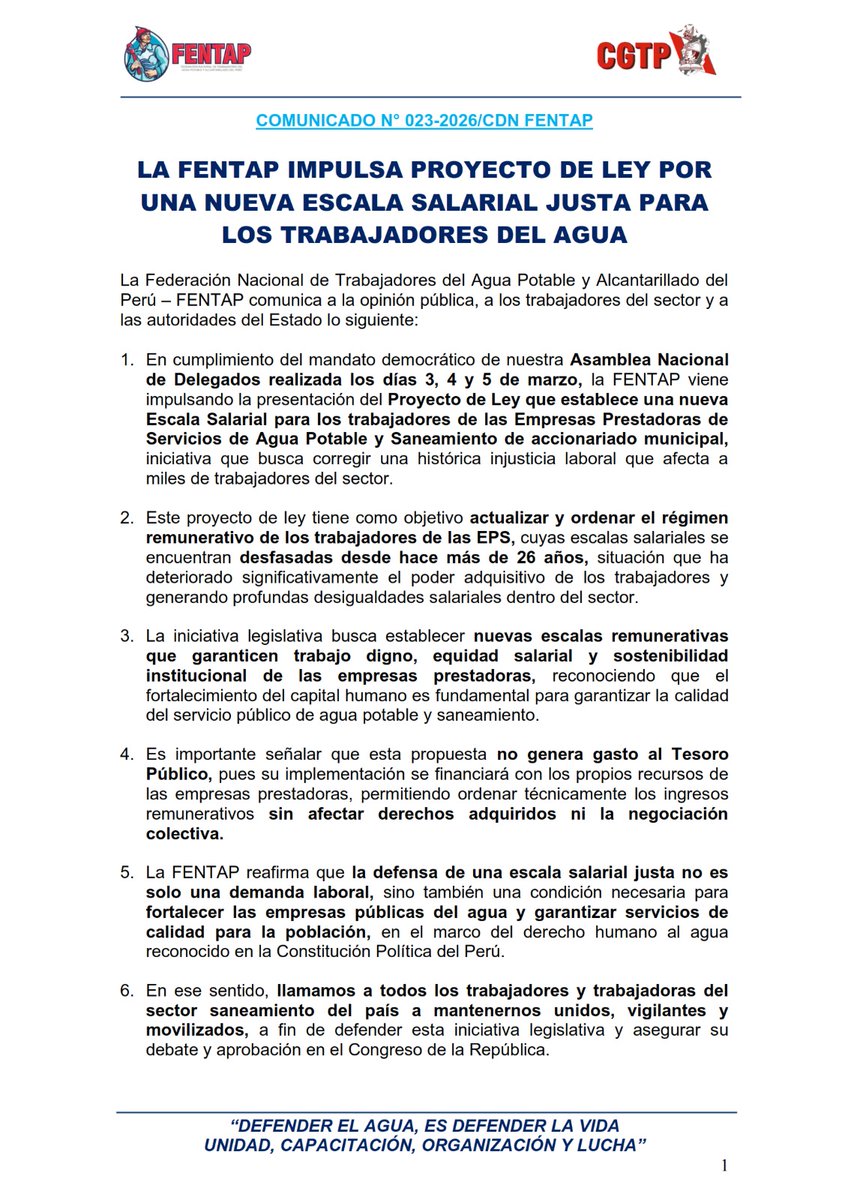 FENTAP4's tweet image. LA FENTAP IMPULSA PROYECTO DE LEY POR UNA NUEVA ESCALA SALARIAL JUSTA PARA LOS TRABAJADORES DEL AGUA

#plazadosdemayo #sedapal #ministeriodeviviendaperú #mvcs #cgtpperu #limaperu #parati #callao_perú #peru #ultimominuto #noticiasperu #actualidadperu #privatizaciondelagua