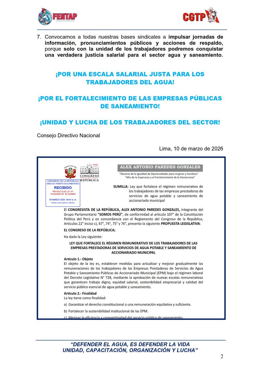 FENTAP4's tweet image. LA FENTAP IMPULSA PROYECTO DE LEY POR UNA NUEVA ESCALA SALARIAL JUSTA PARA LOS TRABAJADORES DEL AGUA

#plazadosdemayo #sedapal #ministeriodeviviendaperú #mvcs #cgtpperu #limaperu #parati #callao_perú #peru #ultimominuto #noticiasperu #actualidadperu #privatizaciondelagua