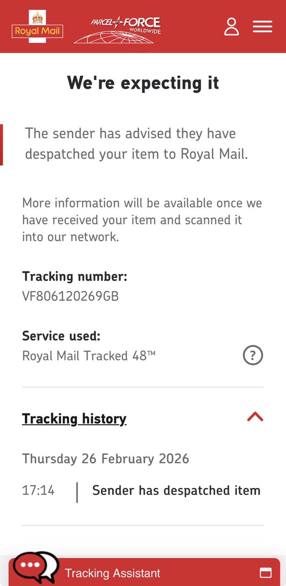 si1881's tweet photo. @RoyalMail could you advise where this package is please VF806120269GB ?Sender despatched on 2nd March but no update since for 48hr service? https://t.co/2th6pPvzmP