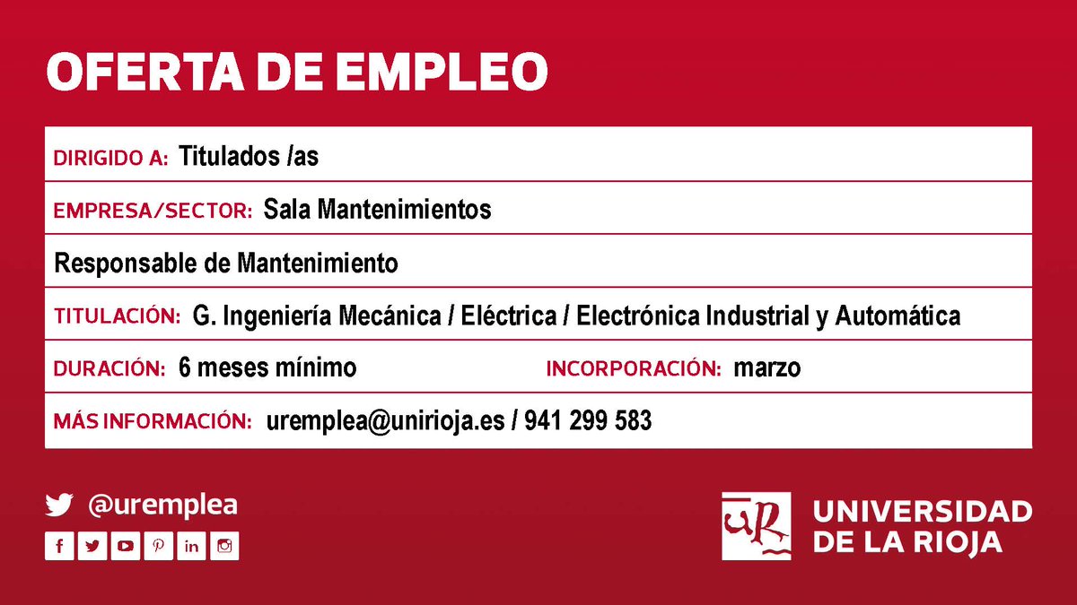 uremplea's tweet photo. ♦️Oferta #empleo #TituladosUR @unirioja #IngenieríaElectrónica #IngenieríaMecánica #IngenieríaEléctrica ¡Inicio: marzo! Más info: ➡️https://t.co/gCHE2Lo40F https://t.co/QnmhTS31uK
