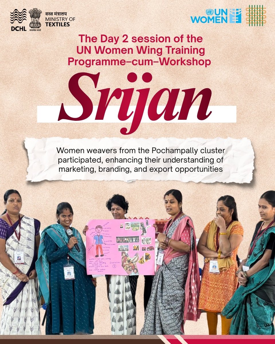 dchandlooms01's tweet image. The Day 2 session of the UN Women Wing Training Programme-cum-Workshop *Srijan*. Women weavers from the Pochampally cluster participated, enhancing their understanding of marketing, branding, and export opportunities.#unwomen #unitednations #WomenEmpowerment #womensupportingwomen