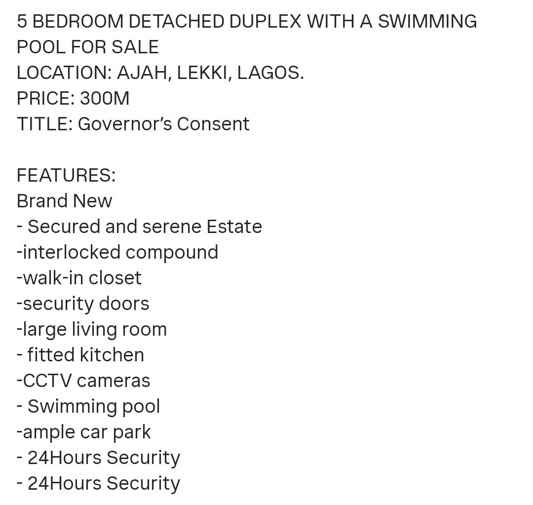 talk2ajala's tweet photo. 5 bedroom detached duplex with a swimming pool for sale . 

Location - Ajah Lekki Lagos 
Price - 300M
Title - Governor's Consent.  
#ajalawhitastoneproperty #luxurybedroomdetacheed #estateagency #propertymarketing #semidetachedduplexinlagos https://t.co/0umVupfg5D
