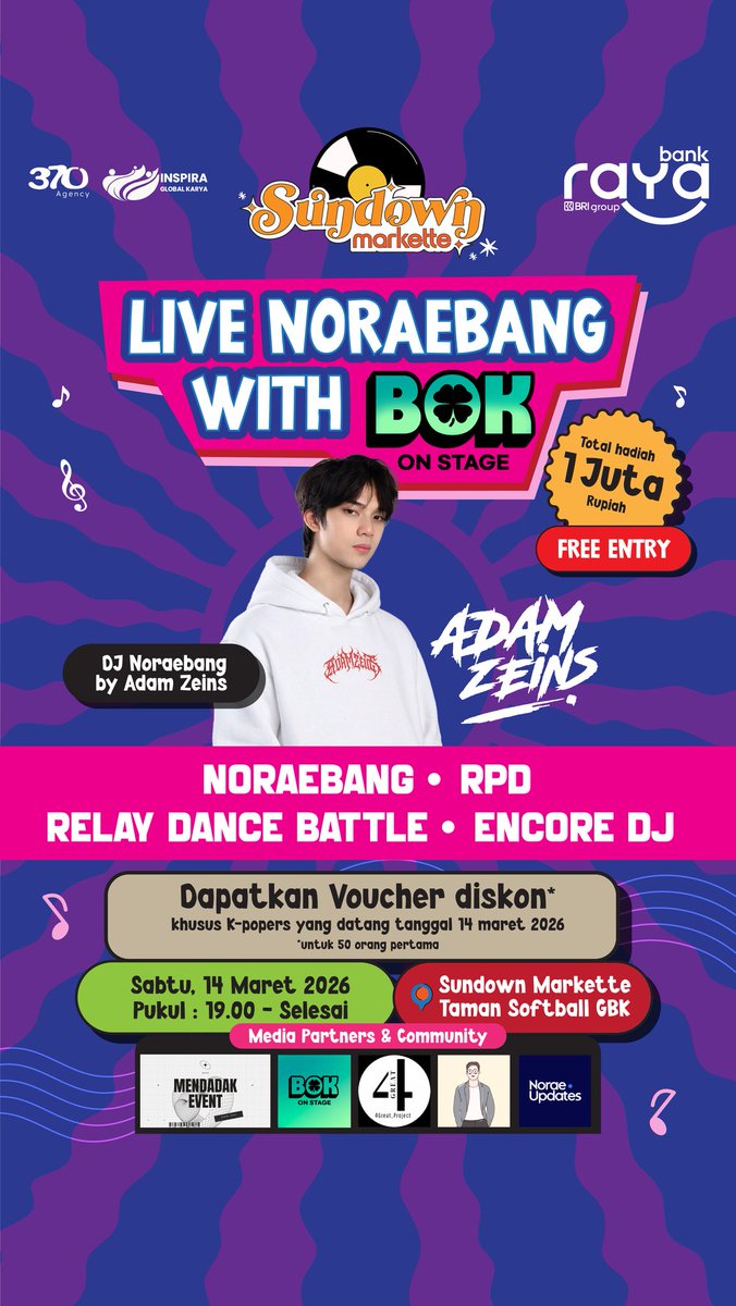 BOK_OnStage's tweet photo. Last call for all K-Pop stans! 📢✨
Udah siap buat sing along dan dance sampai capek? Noraebang terakhir di Sundown Markette minggu ini bakal extra seru! 

Save The Date:
🗓 14 Maret 2026 
🕖 19.00 - Selesai
📍 Taman Softball GBK 

#sundownmarkette #noraebangjakarta https://t.co/fR1lFae1OZ