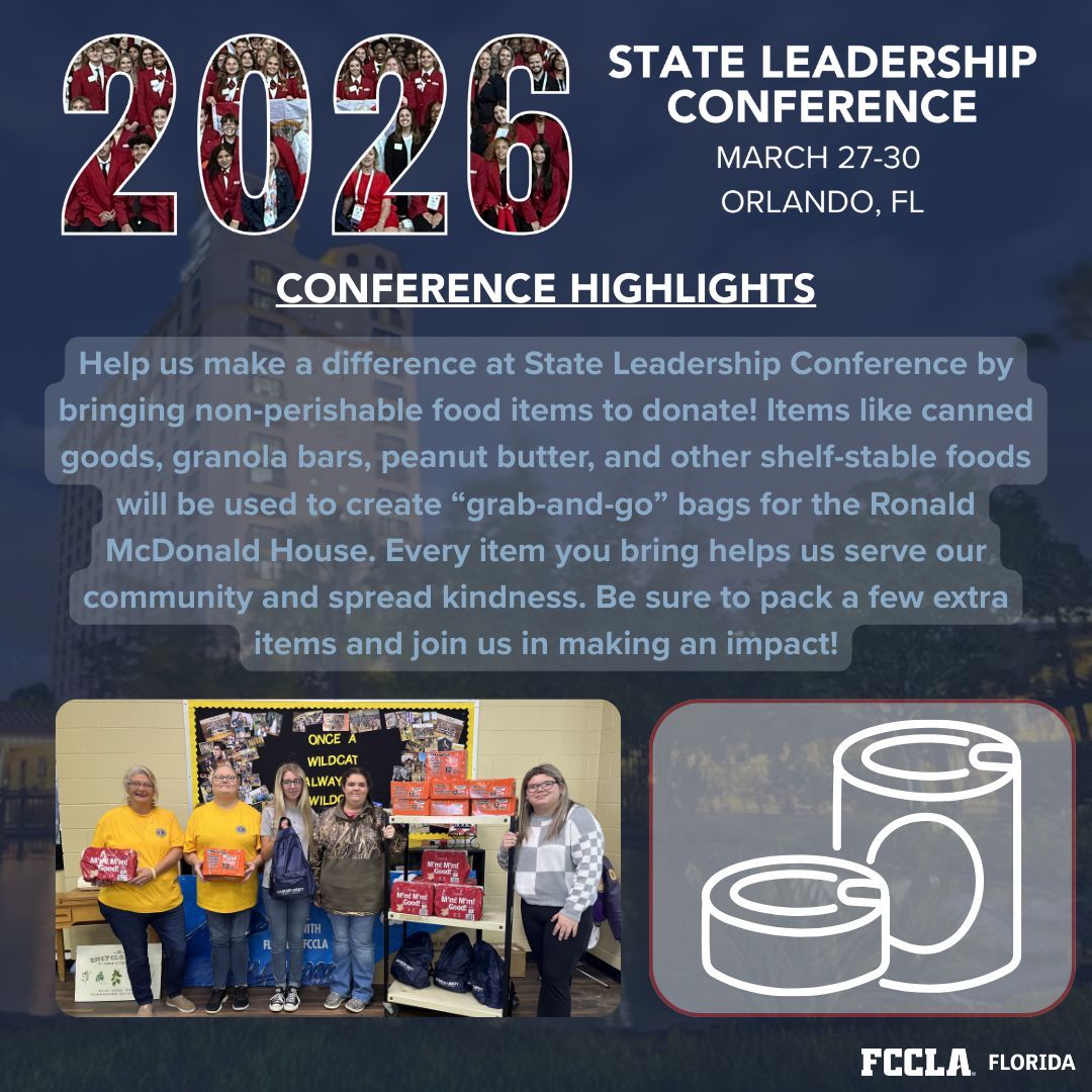 flfccla's tweet photo. Be apart of giving back at this year's State Leadership Conference!! Bring along non-perishable food items to help us assemble "grab-and-go" bags for Ronald McDonald House. Your donations will go a long way in helping serve our community and spread kindness.❤️  #FLSLC26 #FLFCCLA https://t.co/9Kae5sczrx