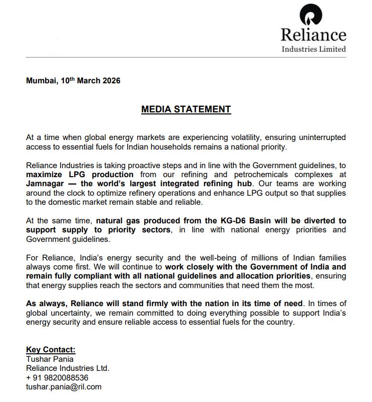 Reliance Industries Limited issues a Media Statement | "...Reliance Industries is taking proactive steps and in line with the Government guidelines, to maximize LPG production from our refining and petrochemicals complexes at Jamnagar — the world’s largest integrated refining