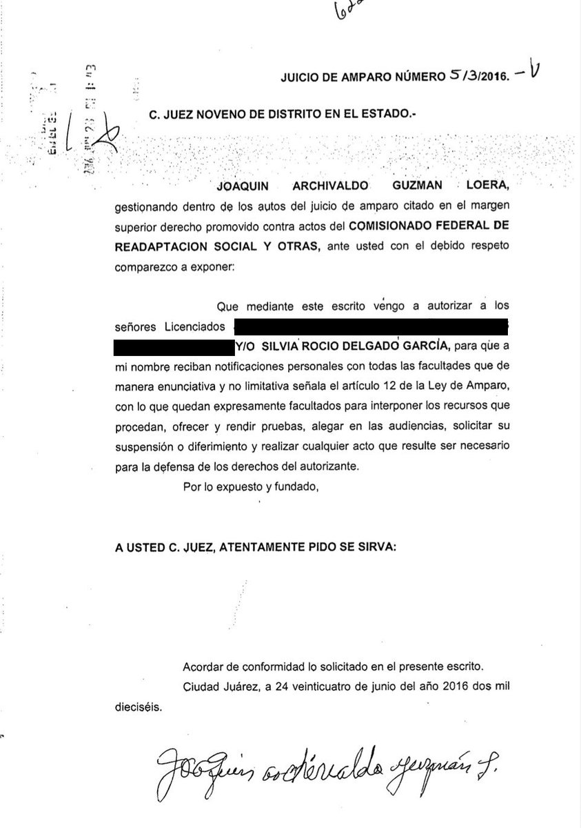 Día 2 sin pedir disculpas.

Esta es la prueba directa de que Silvia Rocío Delgado, ahora jueza penal en Chihuahua, fue abogada de El Chapo.

En el amparo 513/2016, fue autorizada por el puño y letra de Joaquín Archivaldo Guzmán Loera.

A pesar de este vínculo claro con uno de los