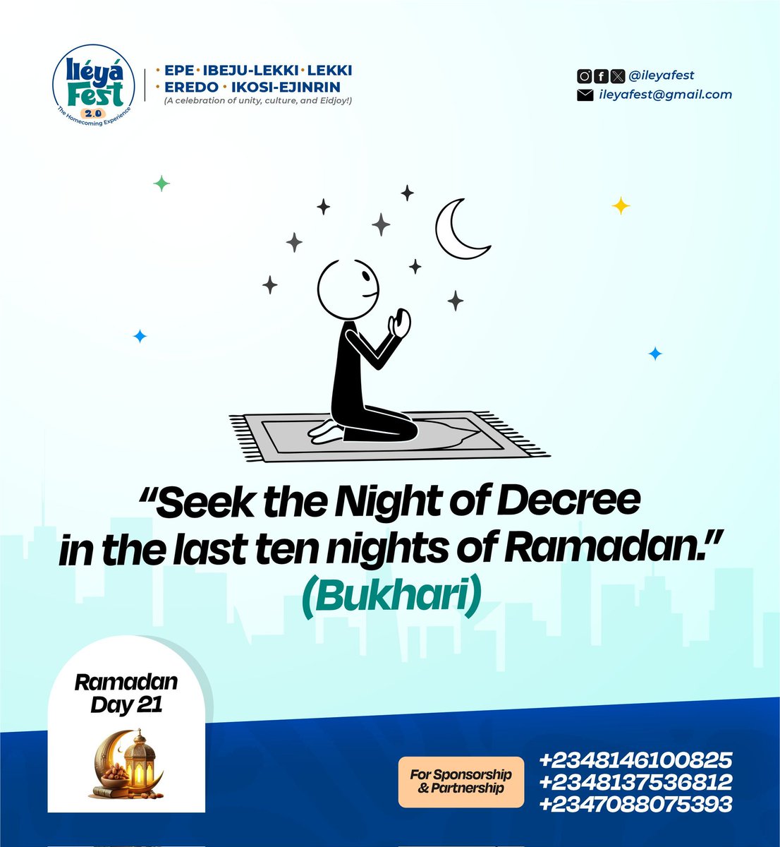 Ramadan Day 21 🌙

The last ten nights are here - the nights where prayers rise higher and destinies are written. Seek Laylatul Qadr with sincere hearts and increased devotion.

May we not miss the Night of Decree. 🤲🏽

#Ramadan #LaylatulQadr #IleyaFest #Epe