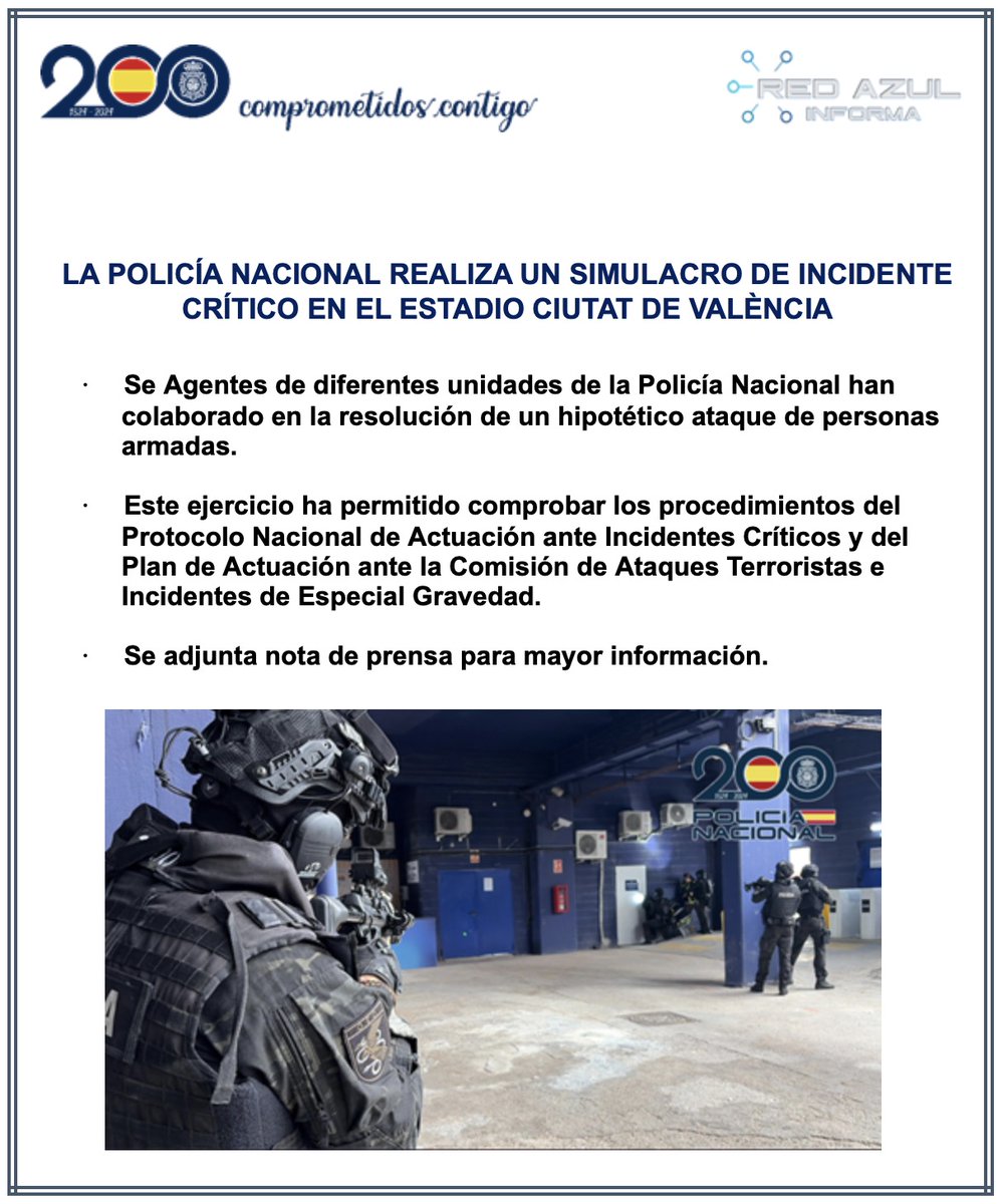 Ates_Sav's tweet photo. La Policía Nacional ha llevado a cabo un simulacro de incidente crítico en el estadio Ciutat de València, en el que han participado agentes de diferentes unidades para resolver un hipotético ataque de personas armadas. https://t.co/b9YaOT9N3o
