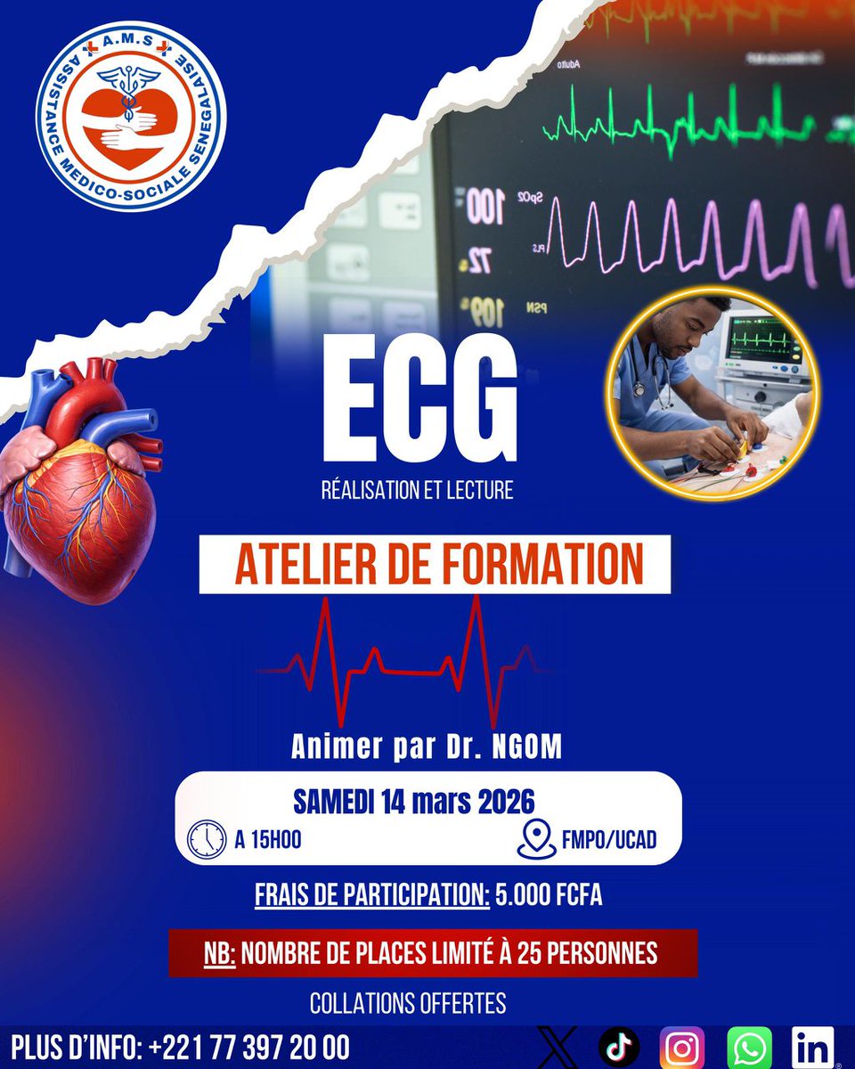 AMS2k23's tweet photo. 🚨 RAPPEL:

Les inscriptions pour l’atelier de formation sur la réalisation et la lecture de l’ECG sont toujours ouvertes.

📌 Les personnes intéressées peuvent toujours s’inscrire.

📞 Infos / Inscriptions : 
WhatsApp : 78 305 50 92
Appel : 786761323 https://t.co/CgrwCb8par