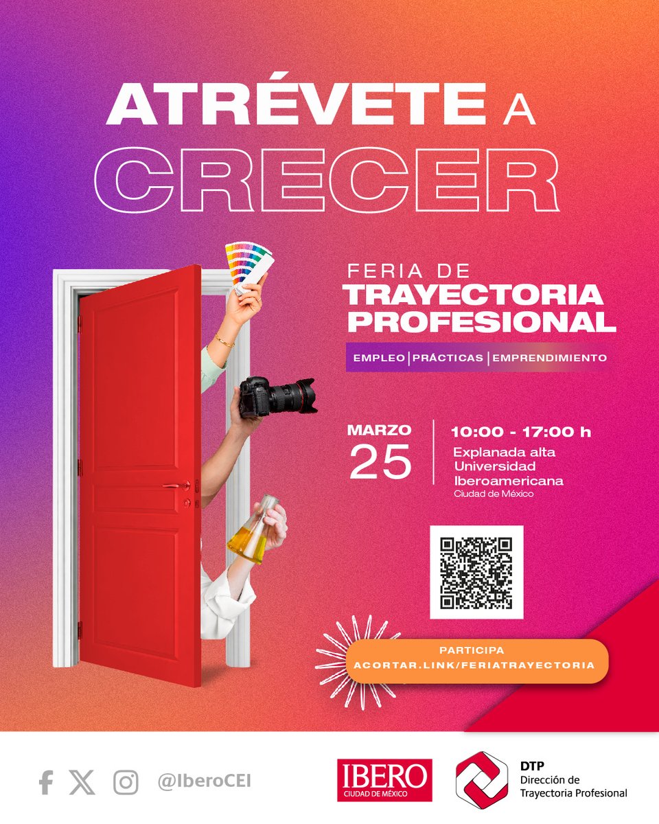 🚀 Atrévete a crecer.

Conecta con empresas, participa en entrevistas y amplía tu red profesional en un solo día.

📅 25 de marzo
📍 IBERO CDMX
⏰ 10:00 a 17:00 h

👉 acortar.link/FeriaTrayector…

#empleo #trabajo #desarrolloprofesional #FeriaTrayectoriaProfesional <a href="/IBERO_mx/">IBERO CDMX</a>