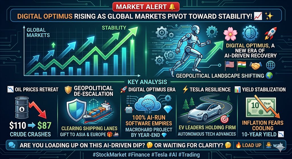 skrrrrll's tweet photo. MARKET ALERT 🔔: Digital Optimus Rising as Global Markets Pivot Toward Stability! 📈✨
The geopolitical landscape is shifting rapidly 🌍. With signals that major conflicts may soon reach a resolution, the "Trump Trade" is injecting a massive dose of confidence into the markets 🏦. Energy prices are retreating from their peaks as strategic pressure on global supply chains eases, paving the way for a "Spring" recovery in equities 🌸. Risk-on sentiment is officially back in the driver's seat 🏎️💨.
Key Analysis:
📉 Oil Prices Retreat: Crude has plummeted from $110 toward $87 as supply chain threats stabilize 🛢️⬇️
🛡️ Geopolitical De-escalation: Strategic warnings are clearing global shipping lanes, providing a "gift" to Asian and European markets 🎁🚢
🚀 Digital Optimus Era: Elon Musk’s "Macrohard" project aims for 100% AI-run software empires by year-end, promising a massive productivity explosion 🤖💎
⚡ Tesla Resilience: Despite macro volatility, EV leaders are holding firm at key support levels as autonomous tech advances 🚗🎯
📊 Yield Stabilization: The 10-Year Treasury is cooling off as inflation fears regarding energy costs begin to subside 📉🏦
Are you loading up on this AI-driven dip? Or are you waiting for more geopolitical clarity? 🧐 Let’s discuss below! 👇🔥
#StockMarket #Finance #Tesla #AI #Trading