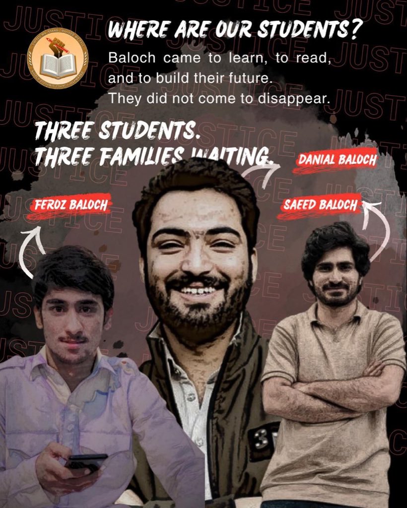 Baloch came to learn, to read, and to build their future.
They did not come to disappear.
#ReleaseDanialBaloch
#ReleaseSaeedBaloch
#ReleaseFerozBaloch
#SaveBalochStudents