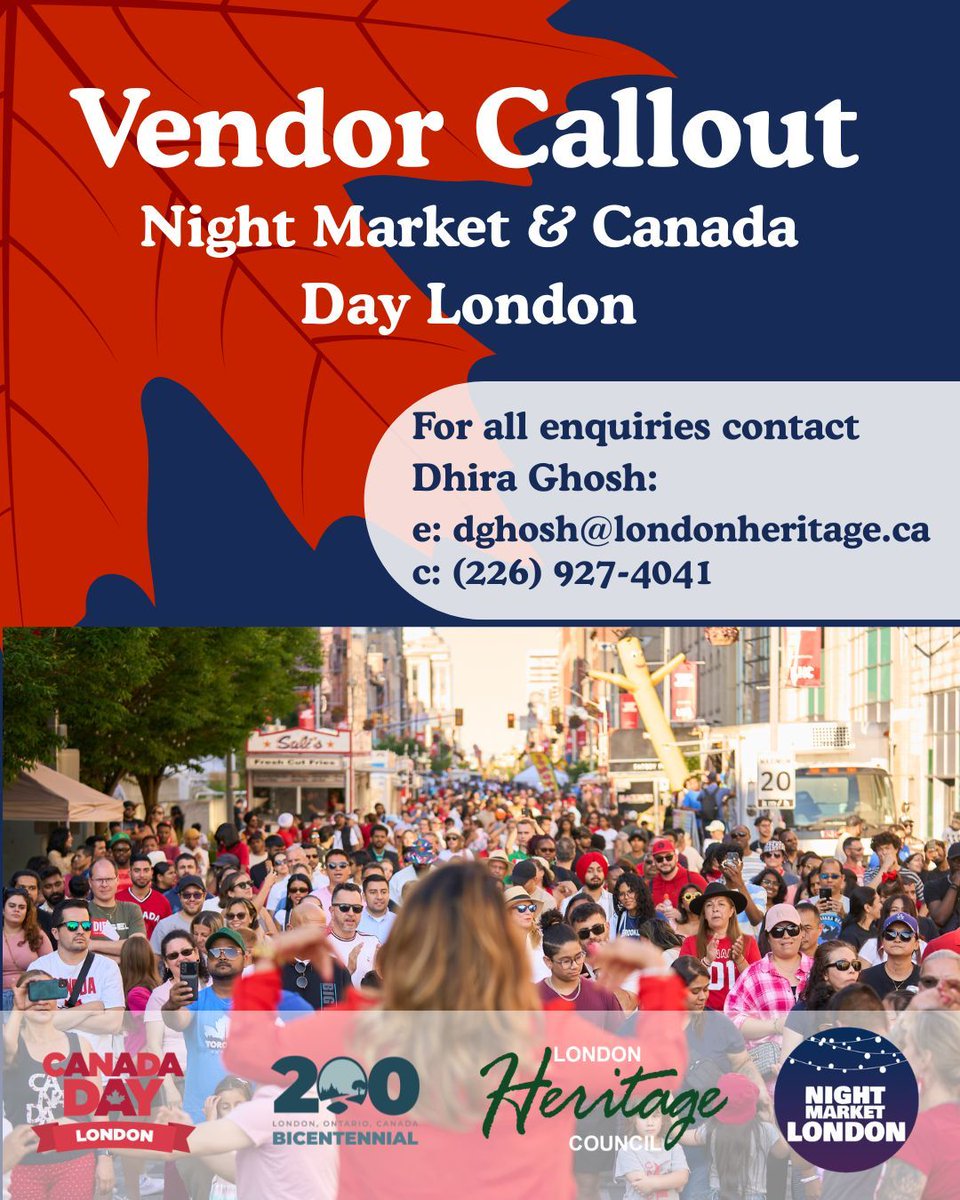 Night Market and Canada Day are celebrations that have helped shape and define our city! With your help this year we hope to make them our biggest events yet!
For all enquiries email Dhira Ghosh at dghosh@londonheritage.ca or call (226) 927-4041
#London200