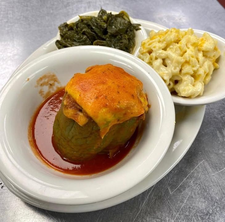 Stuffed Bell Pepper $14
Served with your choice of two vegetables and either roll or cornbread.