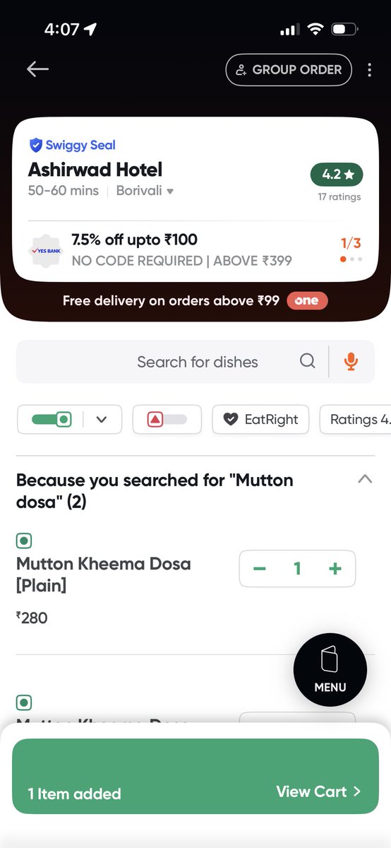 gleaces's tweet photo. @Swiggy I ordered a pure veg Mutton Kheema Dosa From this restaurant as shown. But I received Non-Veg Mutton Kheema Dosa. 
/s https://t.co/tzOKzaGqGI