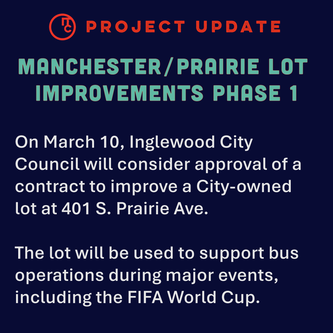itcchampions's tweet photo. On March 10, Inglewood City Council will consider initial improvements to the City-owned lot at 401 S Prairie Ave to support buses and mobility during major events. Work is anticipated to be complete before the World Cup! Sign-up for updates: https://t.co/QpB6nqGCs5
#Inglewood https://t.co/8jrn18PhNZ