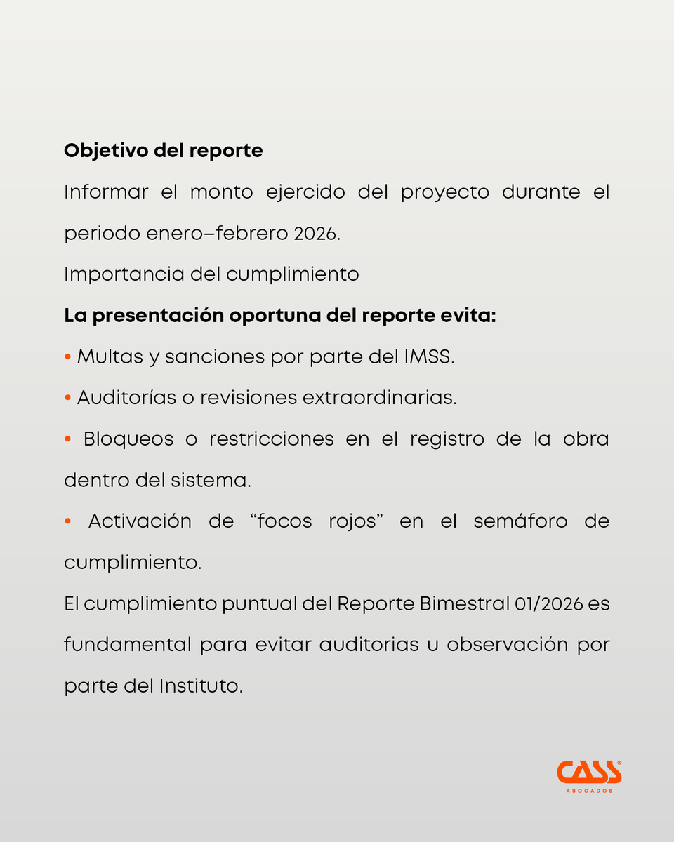 CASSabogados's tweet photo. 📢 Reporte Bimestral 01/2026 – SIROC

El próximo 17 de marzo de 2026 vence el plazo para presentar el primer reporte bimestral del año ante el IMSS a través del sistema SIROC.

Este informe permite actualizar el importe ejercido de las obras (enero–febrero 2026) y es clave para mantener el cumplimiento normativo, evitar multas, auditorías y “focos rojos” en el semáforo de cumplimiento.

Cumplir en tiempo y forma fortalece la gestión administrativa y reduce riesgos legales en la industria de la construcción.