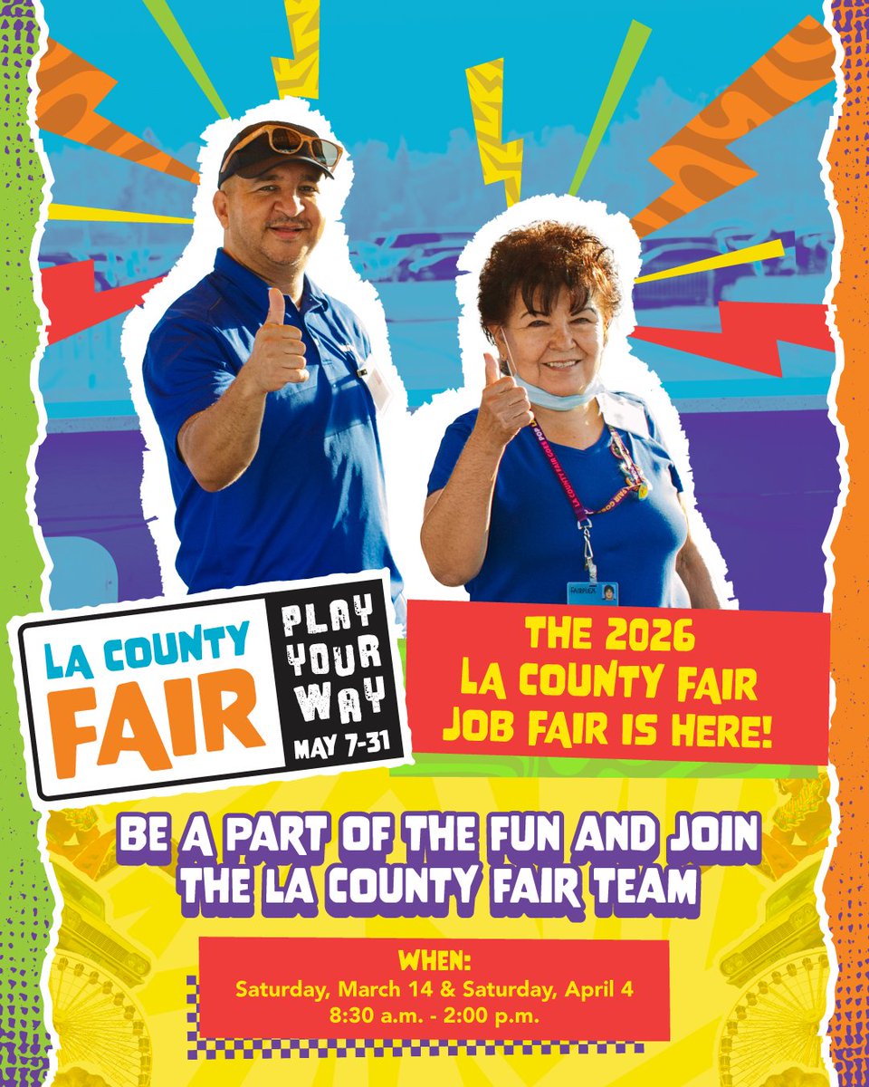 lacountyfair's tweet photo. 🎡 Join the fun! We’re Hiring! The 2026 LA County Fair Job Fair is here! 

📅 Dates: Saturday, March 14 &amp; Saturday, April 4 
⏰ Time: 8:30 AM – 2:00 PM 
📍 Location: Fairplex, Blue Gate/ Gate 9 – 2000 N White Ave., Pomona https://t.co/fiIVj87wG4