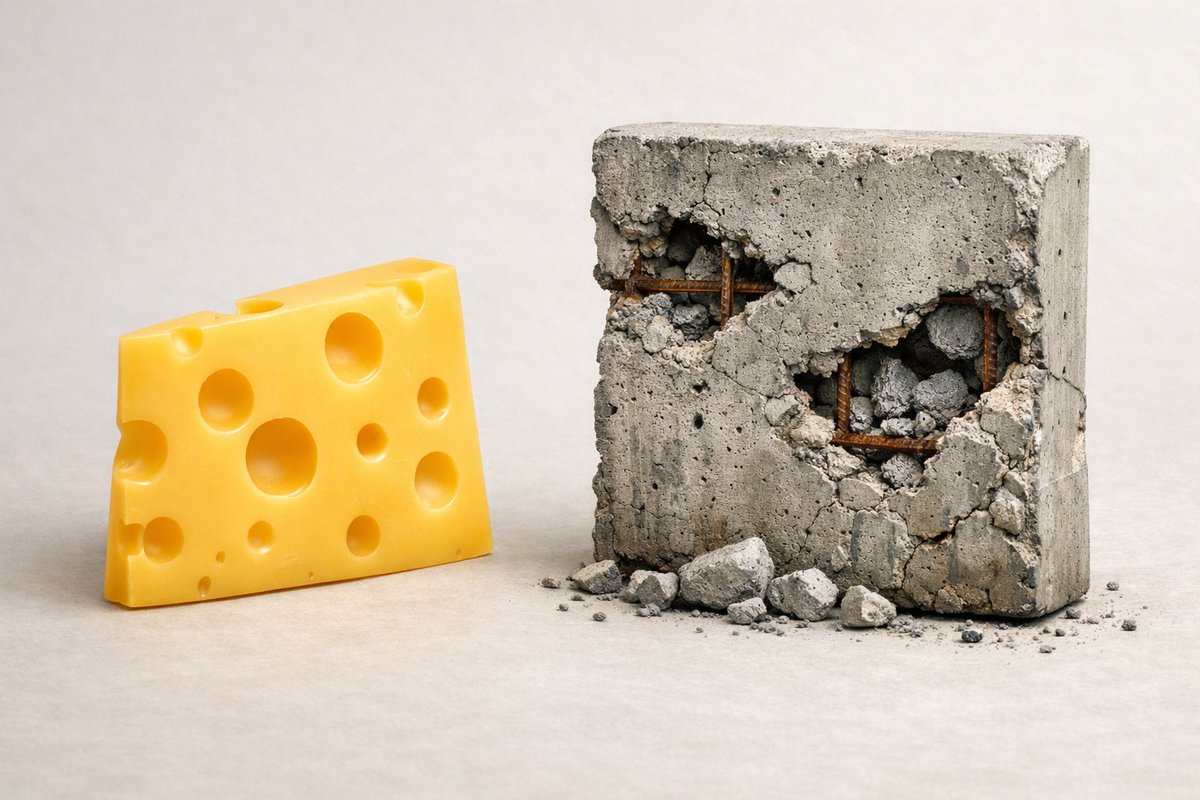 upefl's tweet photo. Concrete deterioration explained in 15 seconds:

Imagine a slice of Swiss cheese.

While Swiss cheese belongs on a charcuterie board…it doesn’t belong in your structure.

More here: https://t.co/OHZkKve9j5 https://t.co/VT09SE9dg5