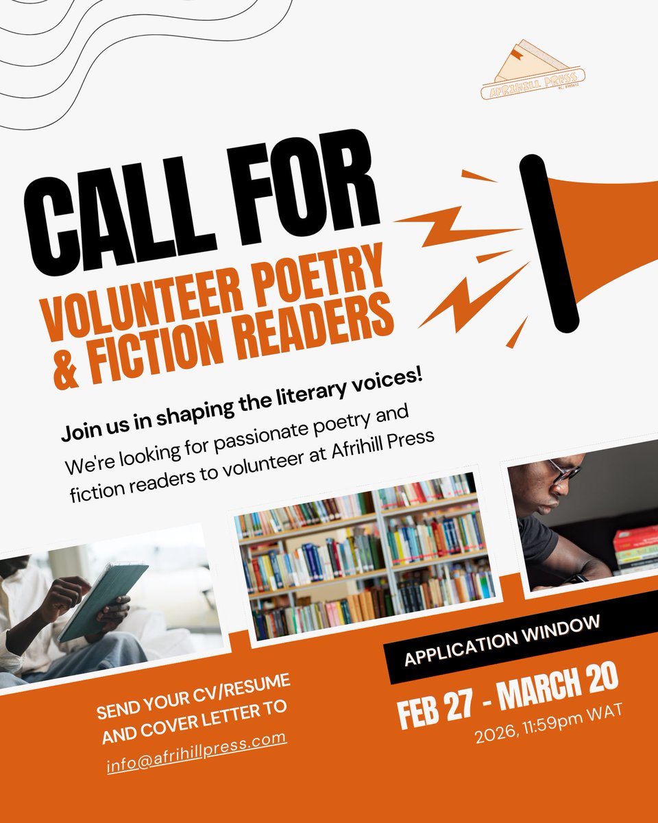 This is a friendly reminder that the Afrihill Press Call for Volunteer Poetry and Fiction Readers will be closing in 10 days. 

If you love reading poetry and fiction and would like to support emerging writers, this is a great opportunity to be part of our reading team.

Thanks.