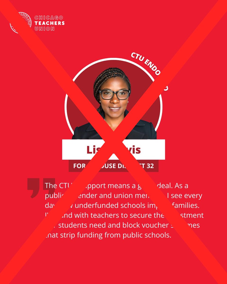 FlipChicagoRed's tweet photo. The Chicago Teachers Union just announced the candidates they are backing for Springfield.

After “40 hours of interviews,” CTU leadership says these candidates will fight for $5 BILLION more for their agenda and stop school choice for parents.

Let’s be clear: when the Chicago Teachers Union picks your candidates, the voters are no longer in charge — the union is.

Chicago Flips Red opposes every single candidate on this list:

Statewide
•Karina Villa — Illinois Comptroller

Illinois State Senate
•Graciela Guzman — District 20
•Celina Villanueva — District 12
•Rachel Ruttenberg — District 9
•Ram Villivalam — District 8
•Omar Aquino — District 2

Illinois House of Representatives
•Jared Ploger — District 84
•Miguel Alvelo-Rivera — District 40
•Will Guzzardi — District 39
•Aja Kearney — District 34
•Karim Lakhani — District 12
•Sonya Harper — District 6
•Lilian Jimenez — District 4
•Aaron Ortiz — District 1
•Shantel Franklin — District 8
•Theresa Mah — District 24
•Lisa Davis — District 32
•Justin Slaughter — District 27
•Michael Crawford — District 31
•Edgar Gonzalez — District 23

Why?

Because CTU has already proven what happens when they control government:
•Failing schools
•Declining enrollment
•Billions in debt
•Ideology over education
•Parents with fewer choices

Now they want to take that same agenda to Springfield.

This isn’t about students.
This isn’t about parents.
This is about power.

When a union can handpick candidates across the entire state legislature, that is not democracy — that is machine politics.

Illinois families deserve leaders who answer to their constituents, not union bosses.

Chicago Flips Red will continue to expose and oppose this agenda.

Our children are not political pawns.

DON’T vote for any CTU candidate.

And if you believe that the Chicago Teachers Union is under federal trusteeship…

Please sign the petition 

https://t.co/F3AXFHMq0u

#ChicagoFlipsRed #EducationNotIndoctrination #IllinoisPolitics