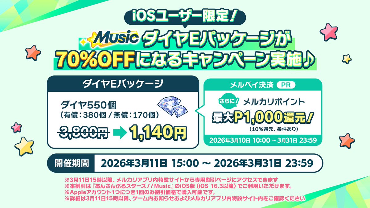 ensemble_stars's tweet photo. 【予告】

iOS版限定
『あんさんぶるスターズ！！Music』のダイヤEパッケージ70％OFFキャンペーン実施♪
さらに！メルペイ決済でメルカリポイント最大P1,000還元！（10％還元、条件あり）

※詳細は3月11日15時以降に掲載される、メルカリアプリ内特設サイト内をご確認ください

#あん��タ https://t.co/LB3TMuzg7o