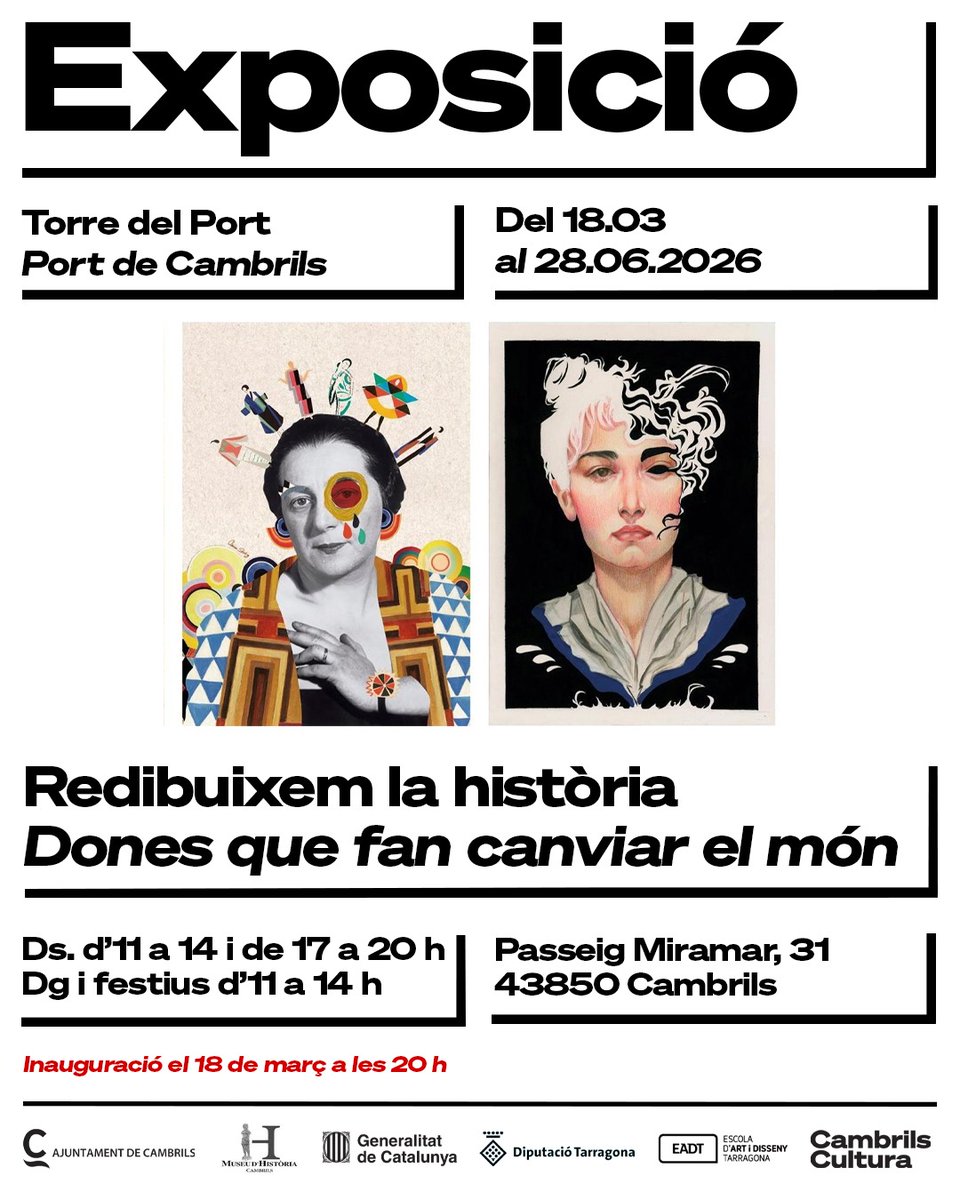 ajcambrils's tweet photo. CULTURA | 🖼️ El proper 18 de març tindrà lloc la inauguració de l’exposició “Redibuixem la història. Dones que fan canviar el món”, que es podrà visitar fins al 28 de juny.

👉 Dimecres 18 de març, a les 20h, a la Torre del Port.

#Cambrils @CambrilsCultura https://t.co/xd1c2Ql7Vs