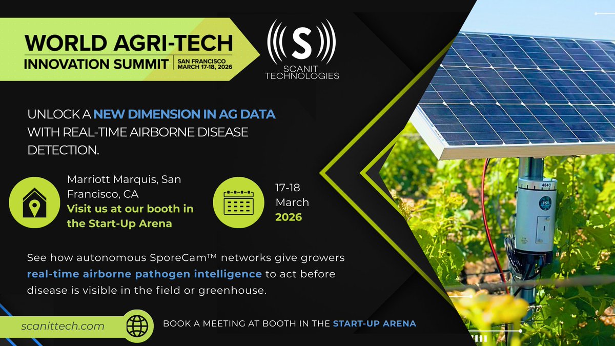 🚀 Excited to showcase our SporeCam™ at the <a href="/WorldAgriTech/">World Agri-Tech</a> Innovation Summit in #SanFrancisco, March 17-18! 🌱 Join us to explore how real-time spore detection transforms crop protection and drives proactive disease prevention. 
#WorldAgriTech #ScanitTechnologies