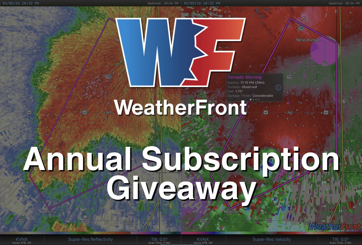 WxFront's tweet photo. ⛈️ WEATHERFRONT GIVEAWAY ⚠️
We’re giving away an ANNUAL WeatherFront subscription to say “thanks” for all the support lately!
✅ Anyone with the WeatherFront app is eligible — no purchase necessary.
How to Enter:
🔴Take a screen recording or export a video of your favorite WF product/feature
📲 Post the video on X
🏷️ Tag @wxfront
#️⃣ Use #WeatherFront and #WFGiveaway
📅 Enter by 06Z / 12AM MDT Saturday March 14th
🎉Winner announced by 00Z Sunday March 15th