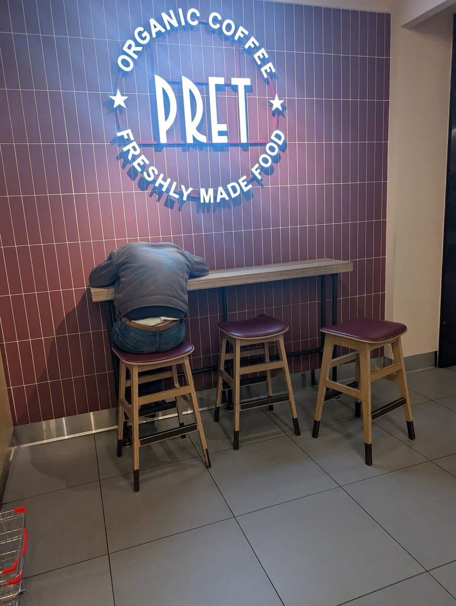.<a href="/PretUsa/">Pret A Manger USA</a> always a pleasant experience getting a coffee in your Penn Station location. Junkies, vagrants and zombies. Perhaps consider a security guard ensuring seating is only for paying customers? I could take a variation of this photo almost every morning.