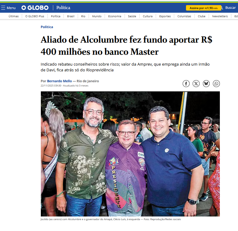 MASTER MEDO DE SER PRESO
Davi Alcolumbre (União-AP) é líder do Congresso Nacional.
Investigações em curso focam em um aliado de Alcolumbre que, no Amapá, teria levado um fundo de pensão estadual (Amprev) a investir R$ 400 milhões em papéis do Banco Master, que logo entraria em