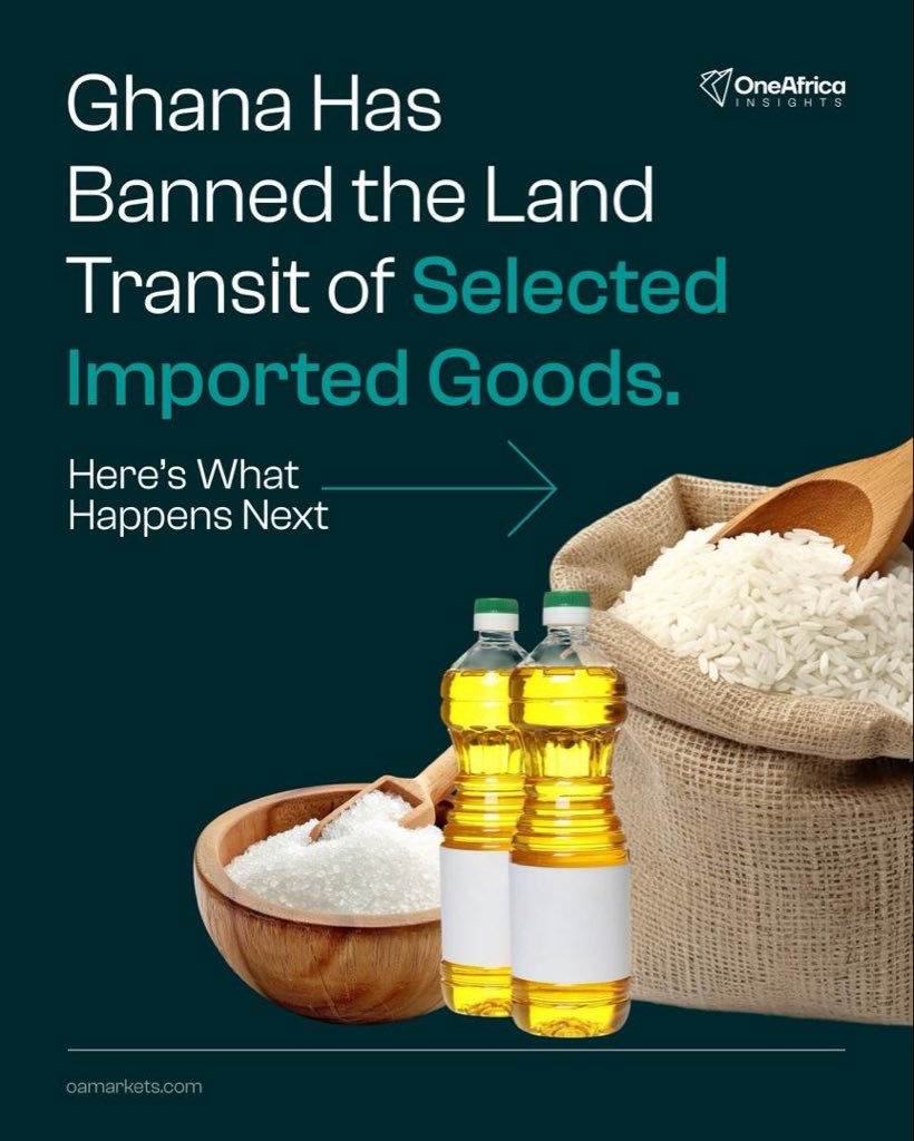 oainsights's tweet photo. 🇬🇭Ghana has banned the land transit of selected imported goods including rice, sugar, and frozen foods.

With Ghana spending about $3B annually on food imports, the policy aims to  reduce smuggling, and improve revenue collection through Tema and Takoradi ports https://t.co/VR64RmT73j