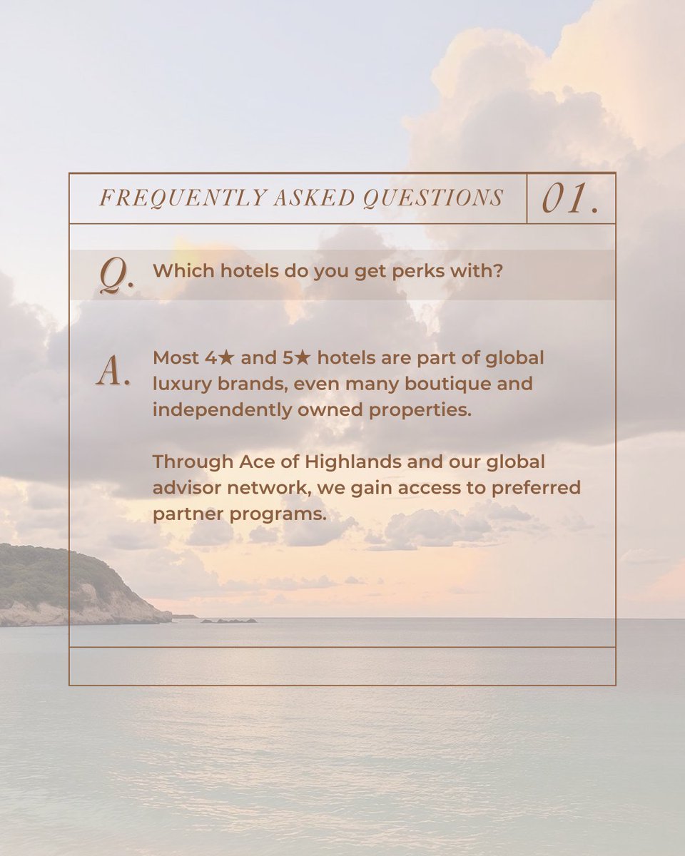 AceOfHighlands's tweet photo. These are questions we get all the time. 😌✨

Through our global network of luxury hotels and preferred partner programs, we unlock added perks, better value and more considered stays.

DM Ace of Highlands to check the benefits for your next trip.

#AceOfHighlands #LuxuryTravel https://t.co/th962HKQjK