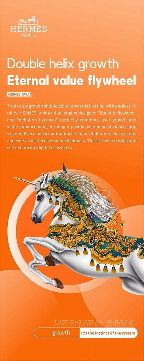 HERMES_WB3's tweet photo. True value growth should spiral upwards like life, with endless vitality. HERMES' unique dual engine design of "liquidity flywheel" and "deflation flywheel" perfectly combines user growth and value enhancement, forming a positively enhanced closed-loop system. Every participation https://t.co/6vxd02d8jV