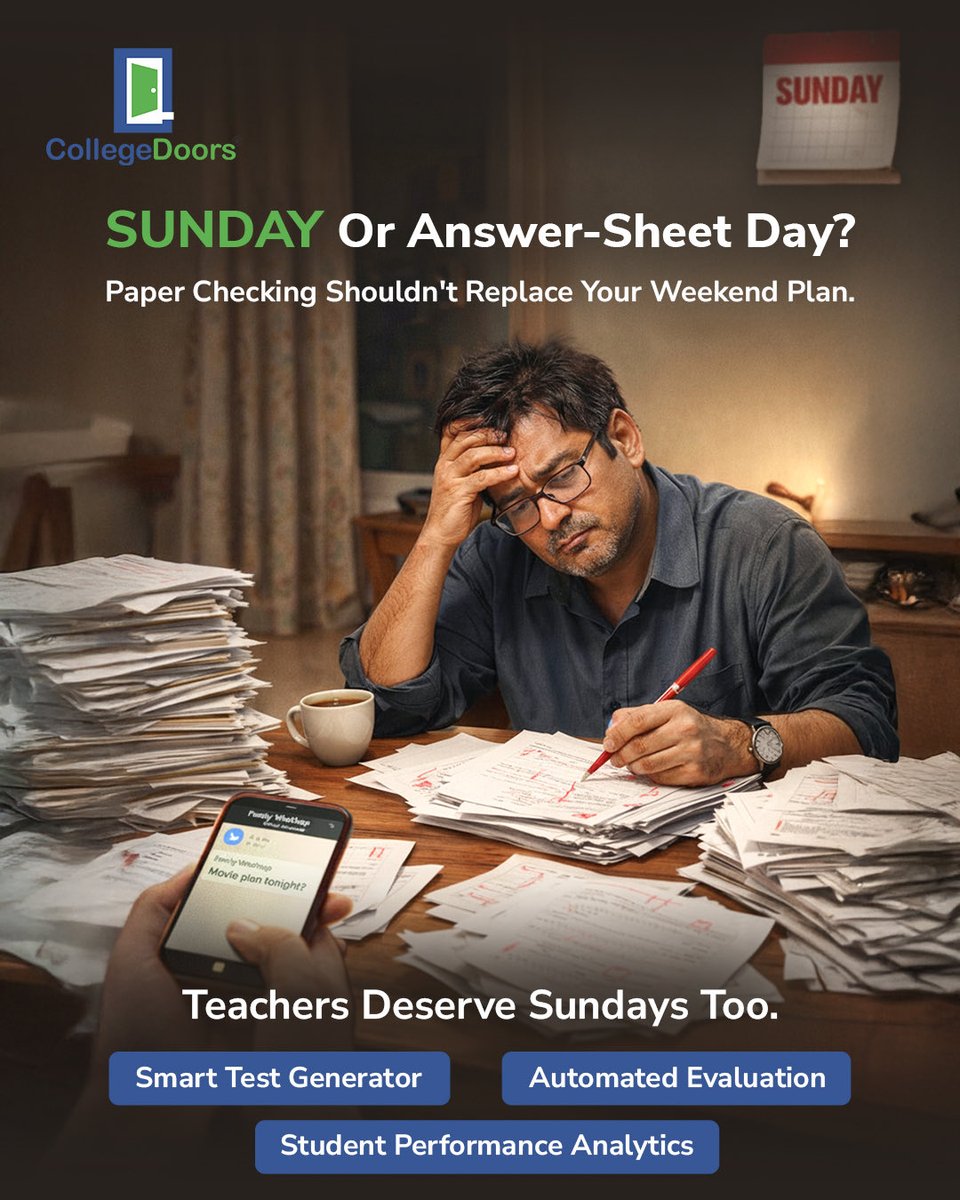 CollegeDoors's tweet photo. Sunday or Answer-Sheet Day?
Let us handle the paper work.
CollegeDoors helps teachers create tests, automate evaluation, and track student performance.
Because teachers deserves Sundays too.
#assessmenttools #teaching #JEE #NEET #testpaper #whitelabeled #studentperformance https://t.co/hxmaNmqwST
