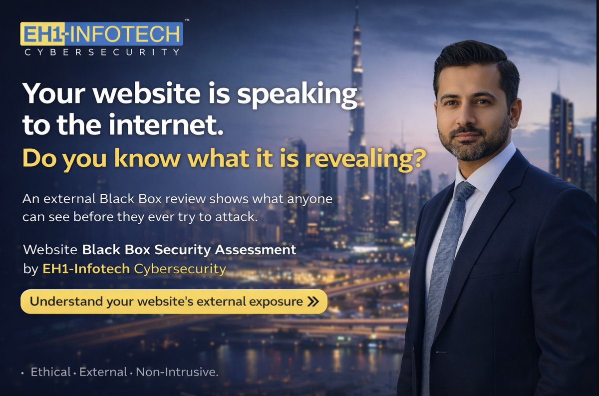 ehinfosec's tweet photo. Your website already talks to the internet. What does it reveal? A #BlackBoxSecurity Assessment shows what your site exposes from the outside as an attacker sees it.
#CyberRisk #DigitalTrust #CEOLeadership #WebsiteSecurity #EthicalHacking #EH1InfotechCybersecurity #DrSahilBaghla https://t.co/r6WGDowbxO