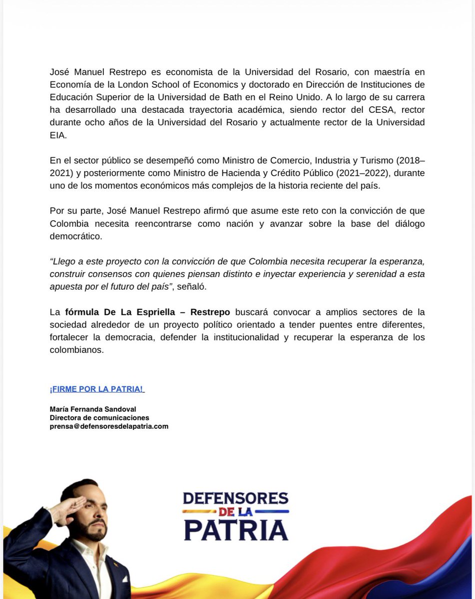 defensoresco's tweet photo. Abelardo De La Espriella (@ABDELAESPRIELLA) anuncia a José Manuel Restrepo (@jrestrp) como su fórmula vicepresidencial. 🇨🇴

Un economista con trayectoria académica y experiencia en el manejo económico del país se suma al proyecto para construir consensos y unir a Colombia.

Con fe en Dios y el compromiso de millones de colombianos, comienza una nueva etapa: reconstruir la Patria.