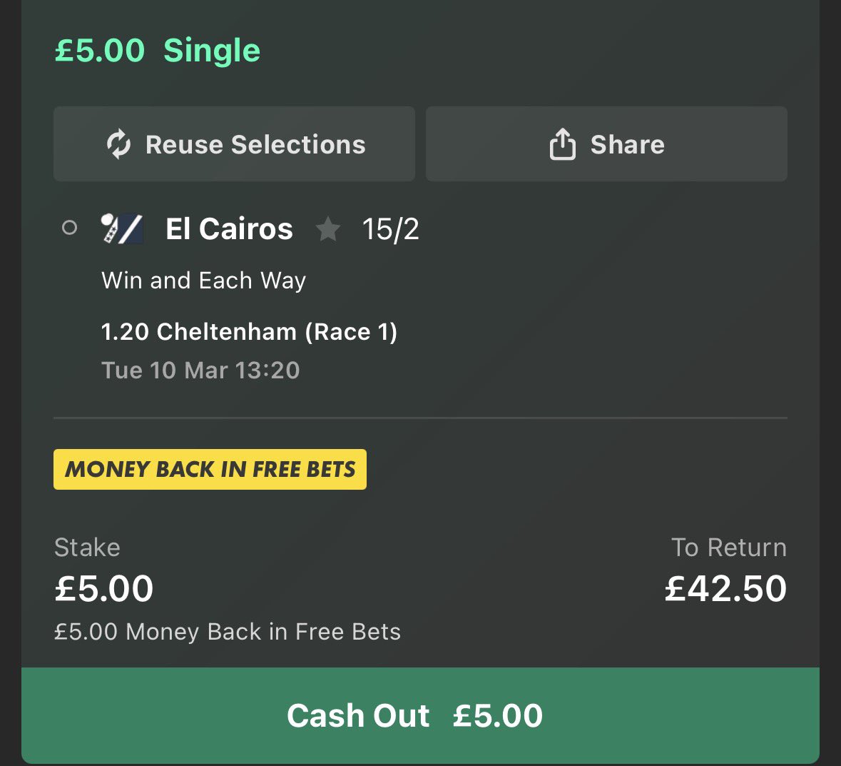 bettingvillage's tweet photo. Money back in free bets on the 1:20 at Cheltenham up to £5 if your horse loses! 🐎 

We're going for El Cairos on this offer.

Feel free to join us or do your own of course.

Load to slip...

Here 👉🏼 https://t.co/cmx2pOHJCh

18+ https://t.co/a7lpD3SLWQ #AD T&amp;Cs apply https://t.co/Wz0MyuSlcr