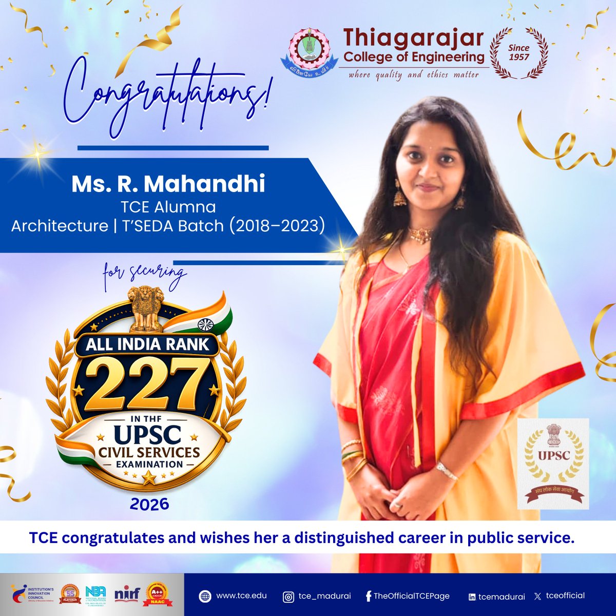 tceofficialpage's tweet photo. ๐ Proud Moment for TCE!
Congratulations to R. Mahandhi (TโSEDA, 2018โ2023) for securing AIR 227 in UPSC Civil Services. Her dedication and perseverance inspire the TCE community. Wishing her success in public service! ๐ฎ๐ณ
#TCE #UPSC #AIR227 #TCEAlumni #CivilServices https://t.co/oVWZNcXtMt