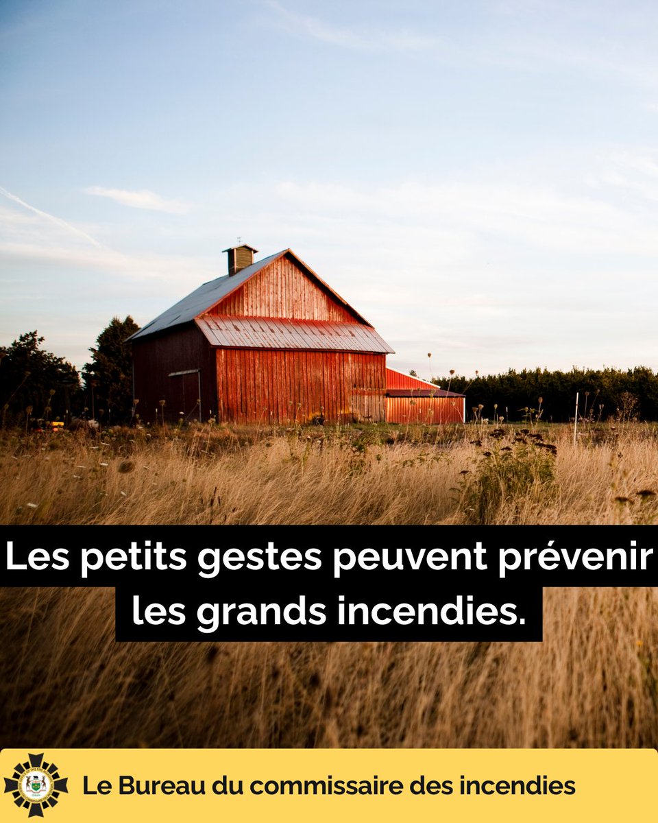 Conseils pour les bâtiments agricoles:
 
• gardez les bâtiments agricoles propres
• inspectez régulièrement les systèmes électriques.
• remplissez l’équipement à l'extérieur
• entreposez le foin, les aliments et les carburants séparément.
• gardez les extincteurs accessibles