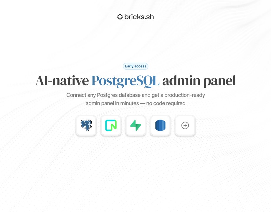 MScDre's tweet photo. Startups should ship product, not rebuild the same admin panel every quarter.

We just shipped native @PostgreSQL  support in @bricksdotsh  so you can auto-generate an admin panel that’s always in sync with your database.

https://t.co/Fg6G29PLY5 https://t.co/zrMjIn5W3e