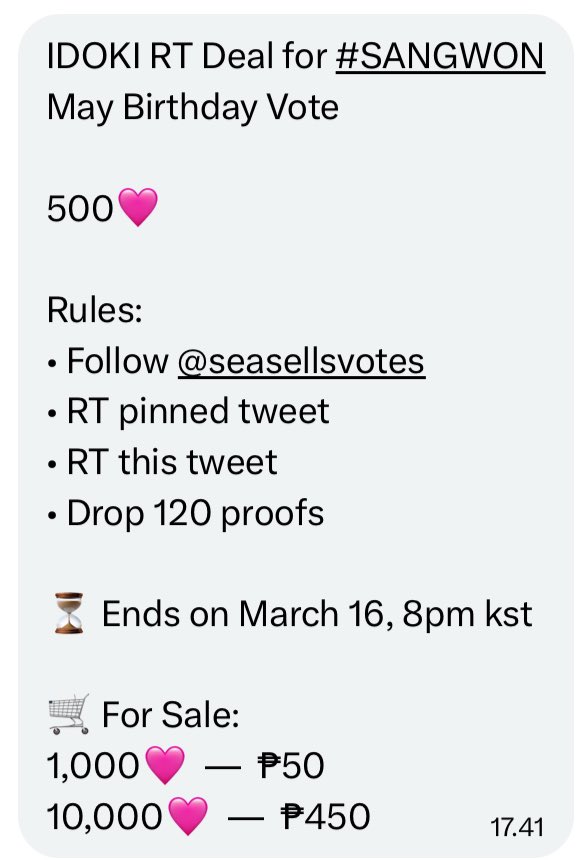 sangmidare's tweet photo. IDOKI RT Deal for #SANGWON
May Birthday Vote

500🩷

Rules:
• Follow @seasellsvotes
• RT pinned tweet
• RT this tweet
• Drop 120 proofs

⏳ Ends on March 16, 8pm kst

🛒 For Sale:
1,000🩷  —  ₱50
10,000🩷  —  ₱450 https://t.co/SAByB8JESL