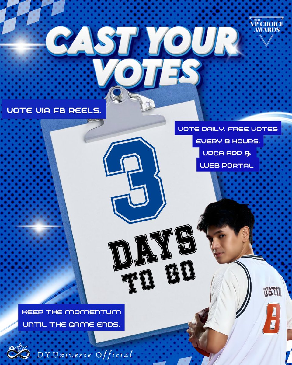 𝑫𝑨𝑰𝑳𝒀 𝑭𝑹𝑬𝑬 𝑽𝑶𝑻𝑬𝑺 𝑹𝑬𝑴𝑰𝑵𝑫𝑬𝑹 

Stardusts, 3 days left before voting closes at the 7th VP Choice Awards. These final days are very crucial, so let’s stay focused and keep showing up for Dustin in the following categories:

📺 Entertainment – TV
🌟 Promising Male