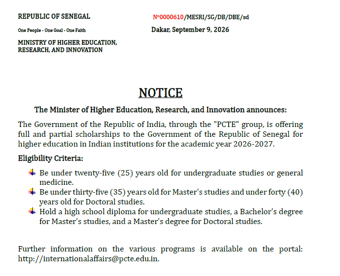EmbSenindia's tweet photo. An unofficial translation of an announce by the Gouvernement of Senegal pertaining to Sponsoring higher education at PCTE group https://t.co/AJdMEhz7L1